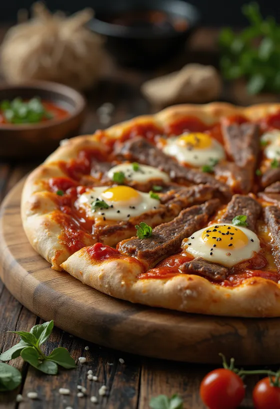 Bulgogi Rindfleisch Pizza koreanischer Art serviert