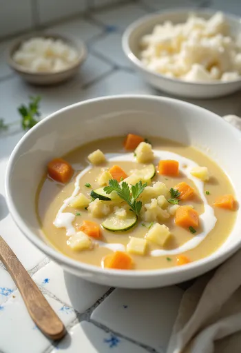 Prebiotische Kefir-Gemüsesuppe serviert mit frischer Petersilie