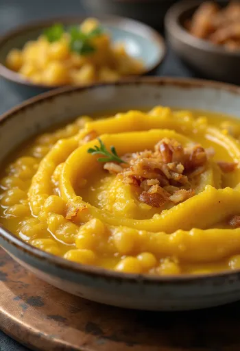 Gelber Erbseneintopf mit frischer Petersilie und knuspriger Einlage