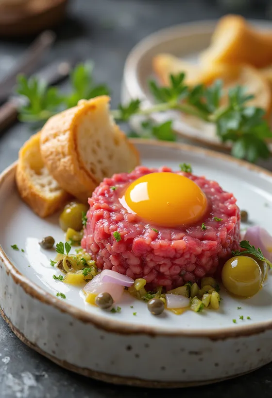 Steak Tartare serviert mit Eigelb und Toast
