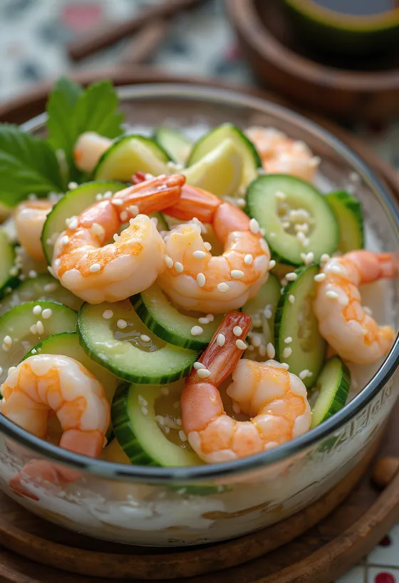 Sunomono mit Krabben, serviert mit frischer Gurke und schwarzem Sesam