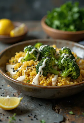 Brokkoli-Quinoa-Curry-Bowl mit Limetten-Tahini
