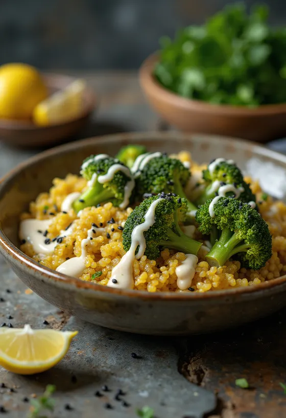 Brokkoli-Quinoa-Curry-Bowl mit Limetten-Tahini