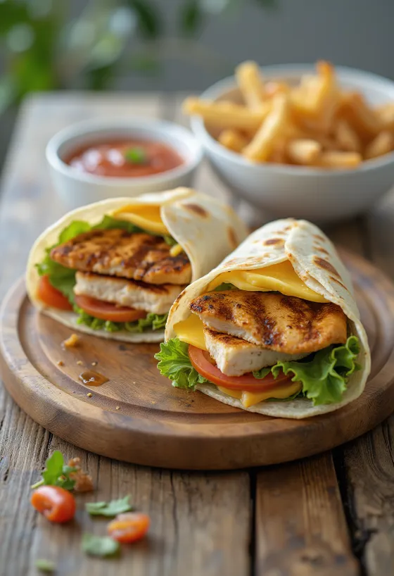 Hähnchen-Wrap mit frischem Gemüse, gegrillter Hähnchenbrust und Joghurtsauce