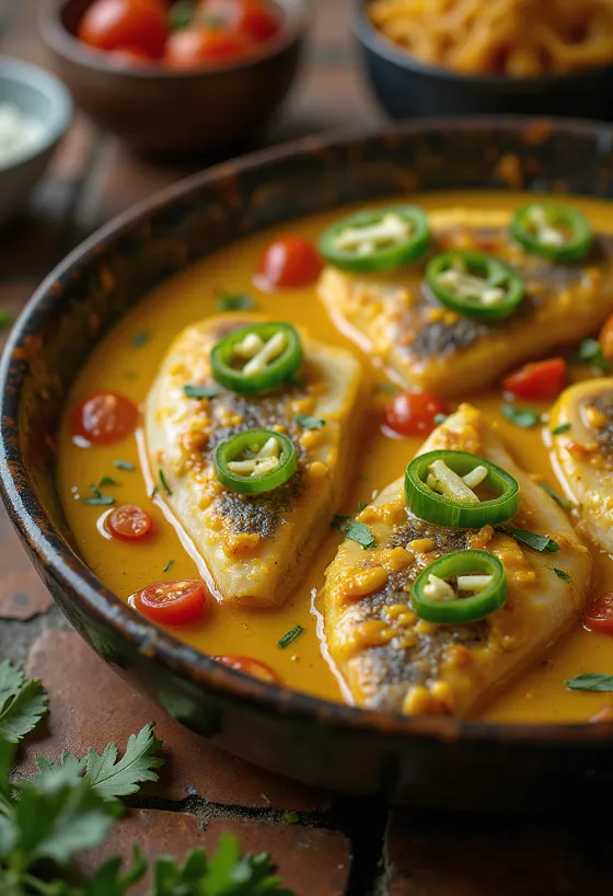 Fischcurry Doi Ilish mit Tomaten und cremiger Joghurtsauce in einer Pfanne