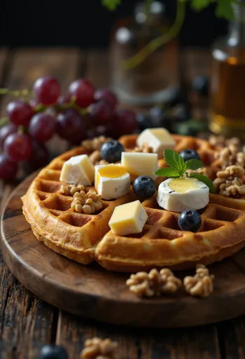 Herzhafte Waffeln mit französischer Käseplatte: Camembert, Brie, Blauschimmelkäse, Walnüsse und Honig
