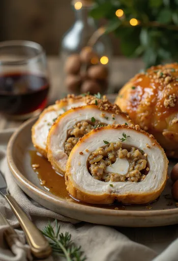 Saftige, mit Kastanien gefüllte Putenbrustscheiben, serviert mit Gemüse.