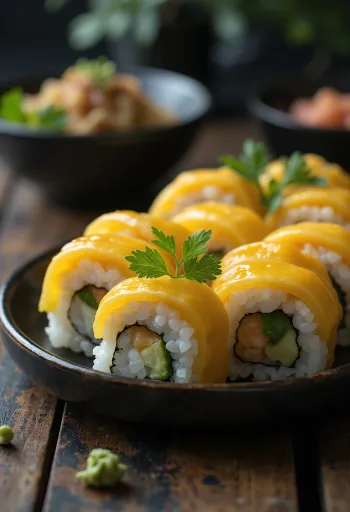 Oshizushi mit Tamago, Sushi-Reis und Eieromelett, serviert in einer Schale