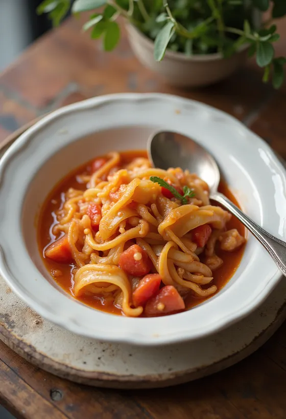 Tomaten-Krautgemüse mit frischem Dill und saftigen Hackbällchen serviert.