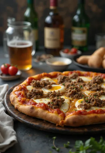 Pizza nach mongolischer Art serviert mit Lammfleisch und Gewürzen