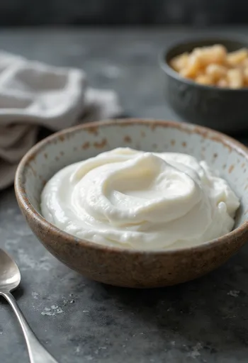 Probiotischer griechischer Joghurt, dick und cremig in einer weißen Schale serviert