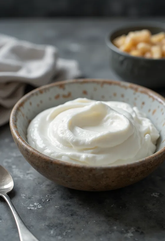 Probiotischer griechischer Joghurt, dick und cremig in einer weißen Schale serviert