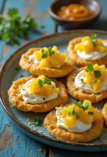 Sev Puri mit Mango, Joghurt und Gewürzen