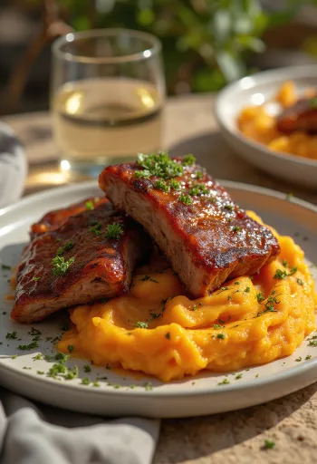 BBQ-Rippchen mit Süßkartoffeln serviert