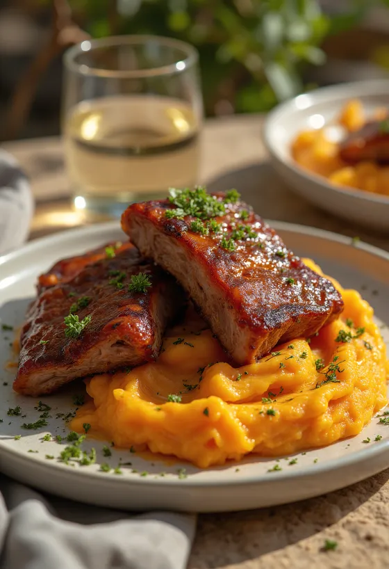 BBQ-Rippchen mit Süßkartoffeln serviert