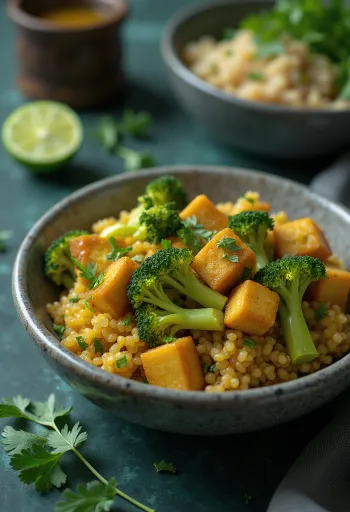 Brokkoli-Quinoa-Curry-Bowl mit knusprigem Tofu