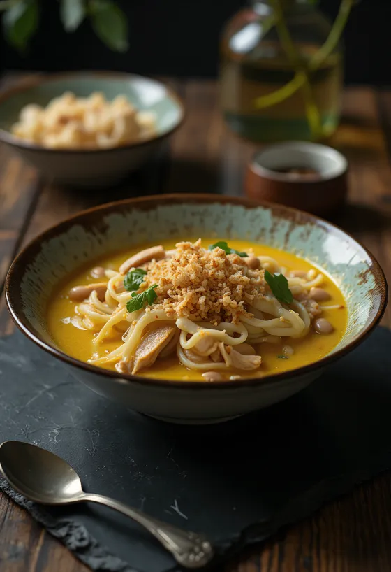 Laksa Tangerang, Kokos-Hühnersuppe mit Reisnudeln und frischen Gewürzen serviert