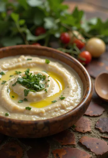Minz-Tahini-Soße in einer Schale, dekoriert mit frischer Minze.