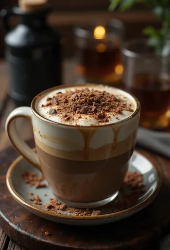 Honig-Schoko-Latte, cremiges Kaffeegetränk mit Sahnehaube und Schokoraspeln