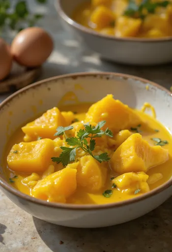 Auberginen-Curry mit Süßkartoffeln serviert