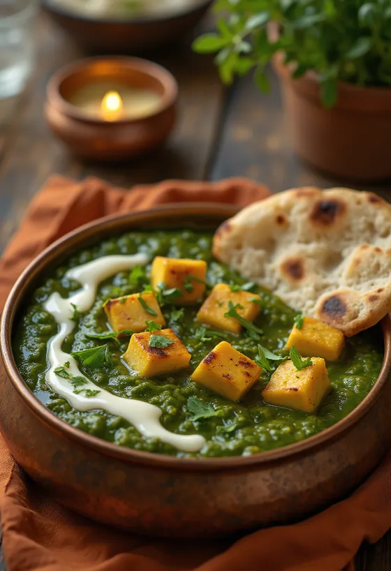 Palak Paneer mit Garam Masala, ein indisches Gericht in reichhaltiger Spinatsauce mit würzigen Paneer-Würfeln