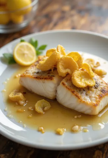 Fischfilet mit Knoblauchchips, garniert mit frischer Petersilie, serviert mit Weißweinsauce