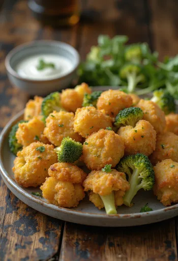 Knusprig panierter Brokkoli, goldbraun gebraten, serviert auf einem Teller mit frischen Zitronenscheiben.