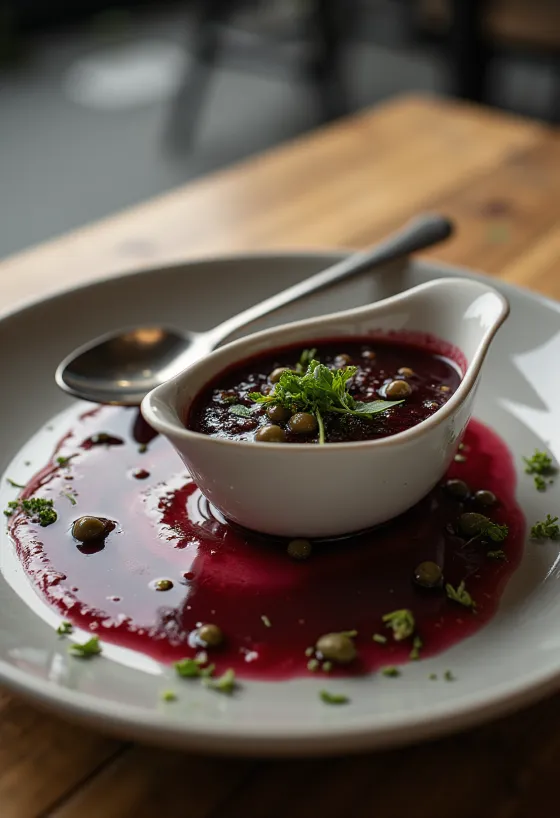 Servierte Samtige Rotwein-Kapern-Sauce