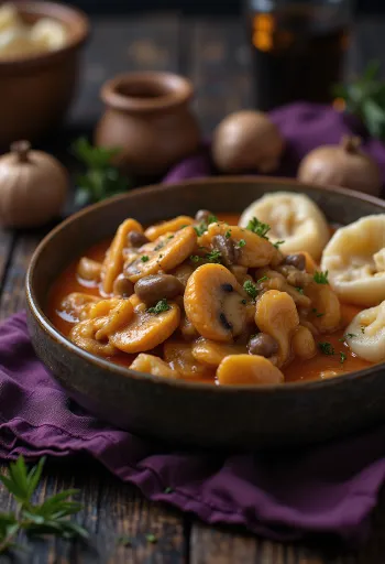 Pilzgulasch mit Sauerrahm frisch serviert mit weichen Spätzle