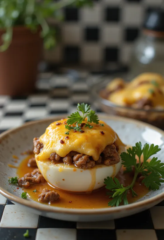 Gefüllte Aubergine mit knusprigem Käse überbacken und frischen Kräutern bestreut