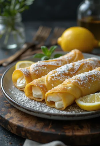 Pfannkuchen mit Quarkfüllung, mit Puderzucker bestreut und Schmand serviert