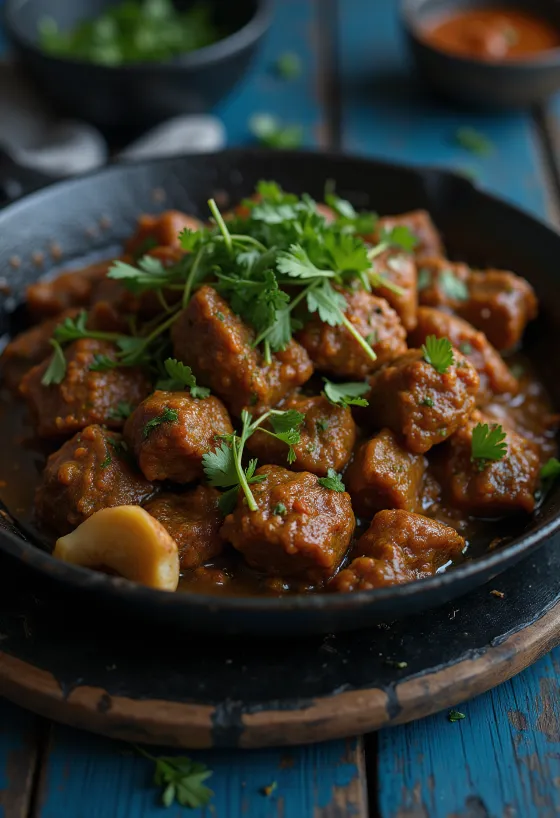 Rindfleisch Bhuna Curry, serviert mit Koriander