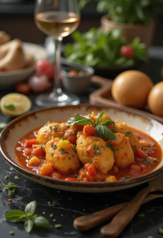 Hähnchen Cacciatore mit Kartoffeln, frisch serviert
