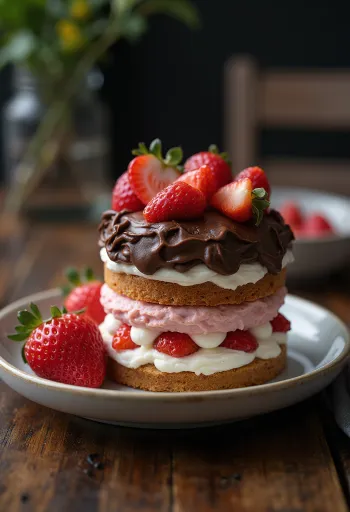 Schoko-Erdbeer-Quarktorte verziert mit frischen Erdbeeren und Schokospänen