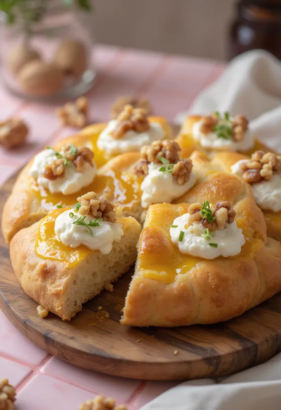 Servierte Focaccia mit Walnusscreme und Ziegenkäse