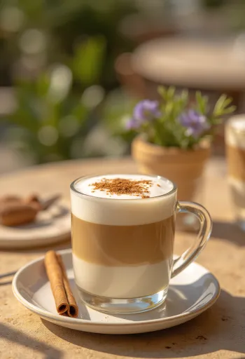 Zimt-Minz-Latte, Kaffeegetränk mit Zimtstange und Minze garniert