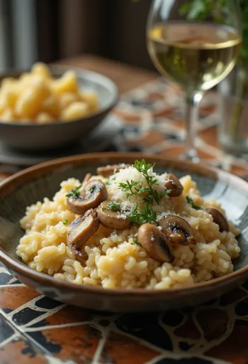 Pilzrisotto serviert mit frischen Kräutern und Parmesankäse
