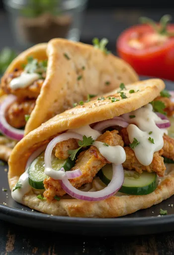 Hähnchen-Gyros serviert mit Pita und Gemüse