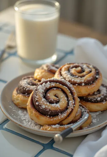 Kakaoschnecke mit Puderzucker bestreut, goldbraun gebacken