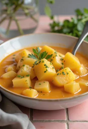 Klassisches Kartoffelgemüse mit Sauerrahmbindung und Petersilie garniert.