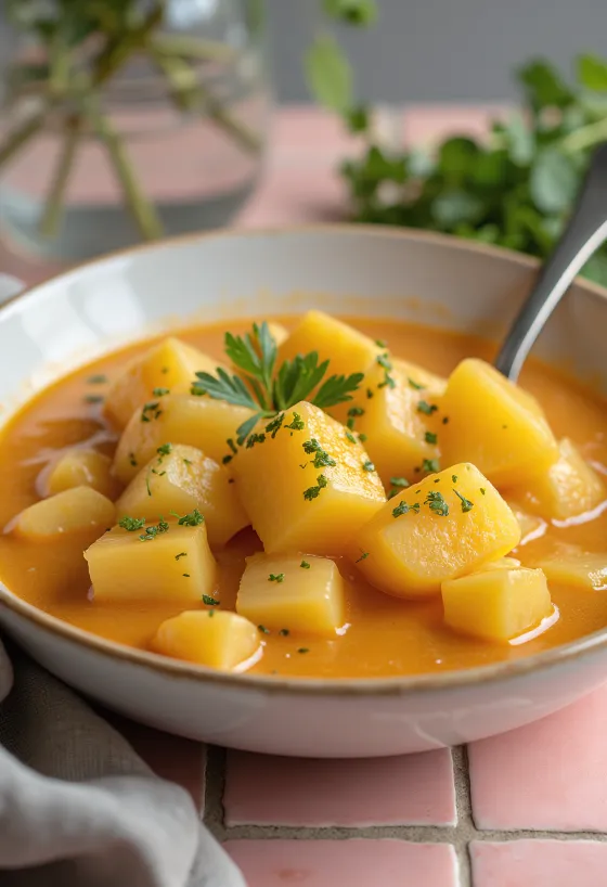 Klassisches Kartoffelgemüse mit Sauerrahmbindung und Petersilie garniert.