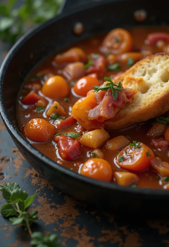 Letscho mit frischem Paprika, Tomaten und geräucherter Wurst serviert