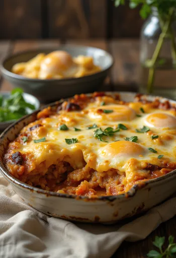 Vegane Auberginen-Moussaka mit Bulgur serviert