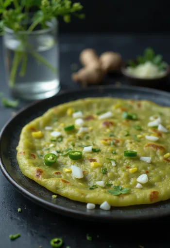 Pesarattu frisch und knusprig gebacken, serviert mit würziger Füllung