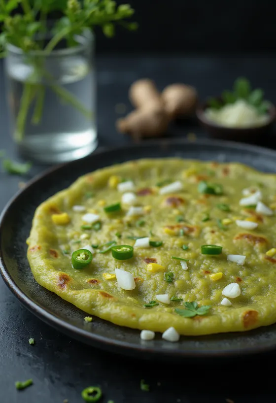 Pesarattu frisch und knusprig gebacken, serviert mit würziger Füllung