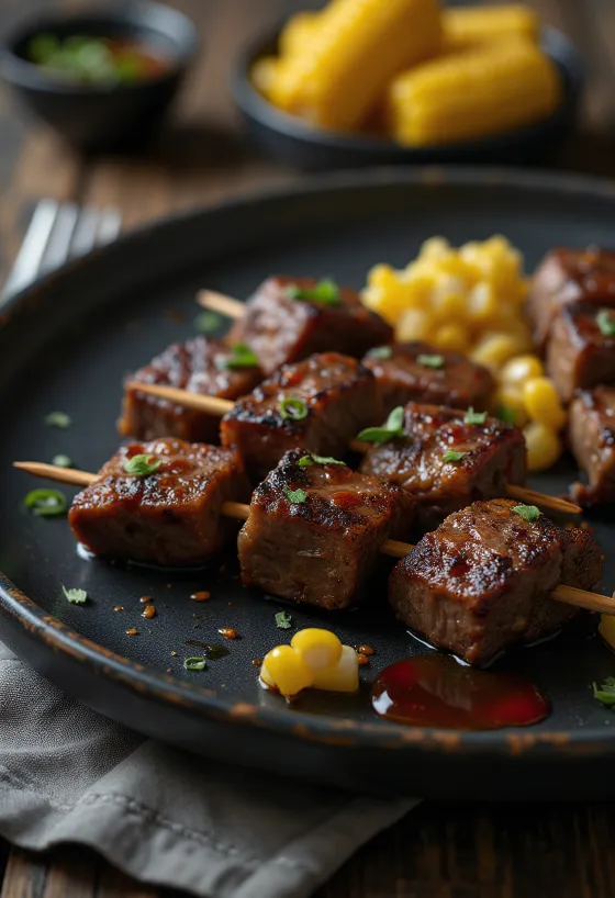 Anticuchos Peruanische Rinderspieße serviert