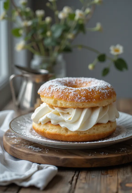 Servierte Sahne-Donuts mit Puderzucker