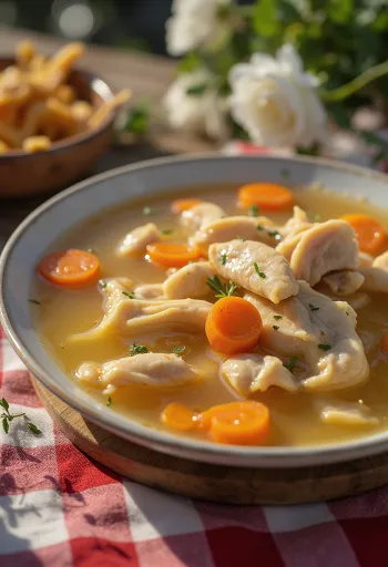 Heiße Hühnersuppe mit Gemüse und Fadennudeln