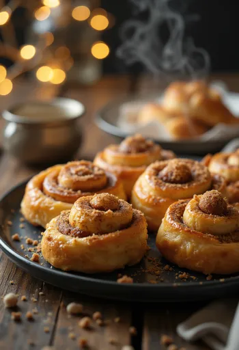 Zimtschnecke mit Puderzucker bestreut, goldbraun gebacken
