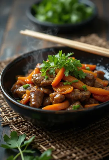Ingwer-Rindfleisch im Wok mit Gemüse serviert